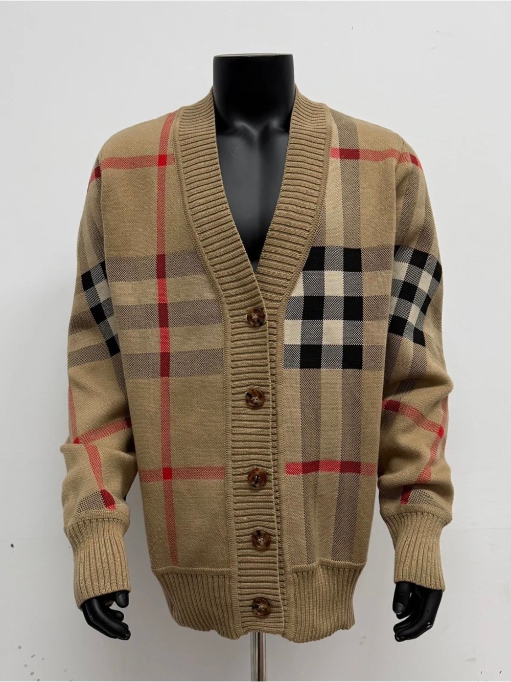 Burberry Men's Beige Plaid Button-Up Cardigan Sweater